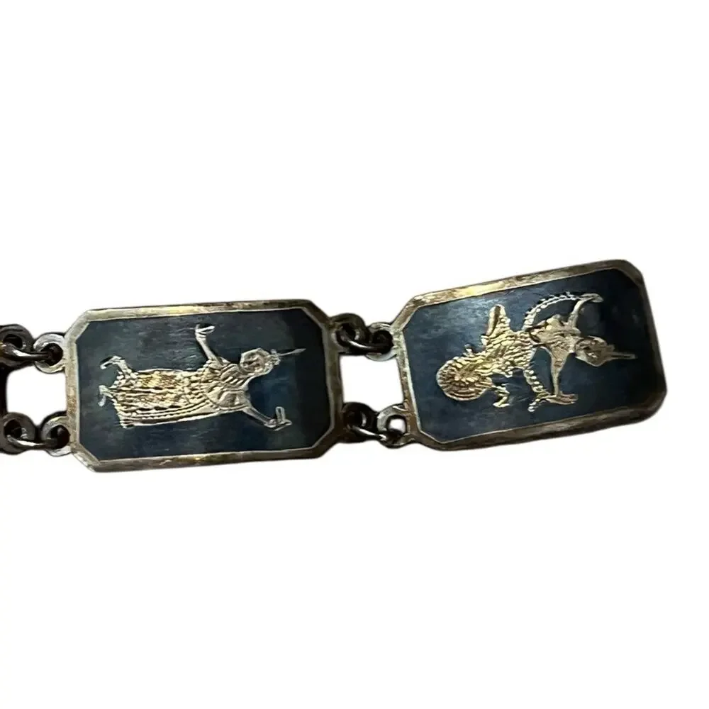 Vtg sterling Thai Siam Nielloware Link 8” bracelet & Earrings (1.25”)